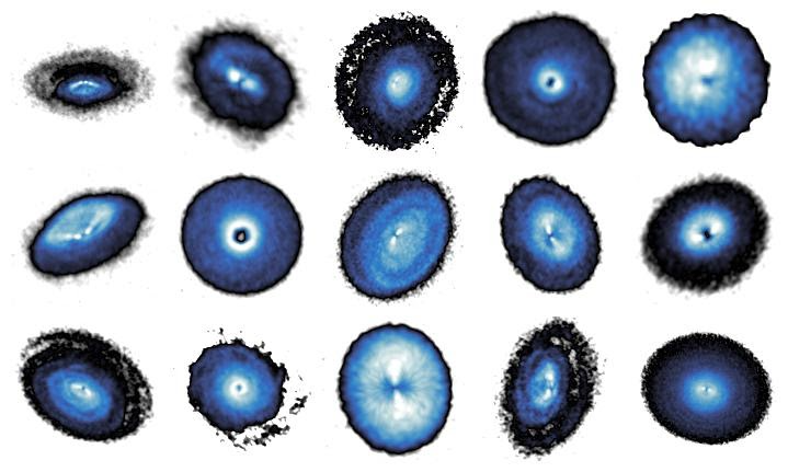 Peak intensity of CO emission from the fifteen sources surveyed by exoALMA.